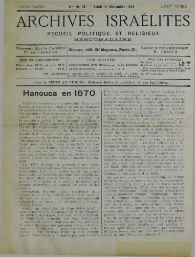 Archives israélites de France. Vol.75 N°50-51 (17 déc. 1914)
